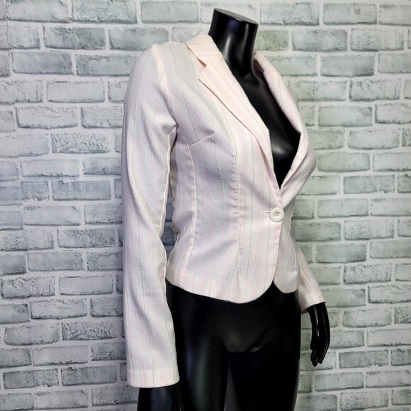 Vintage 90s Y2K Toy Box Jrs 3 White Pink Stitched Pinstriped‎ Tailored Blazer - Picture 4 of 9